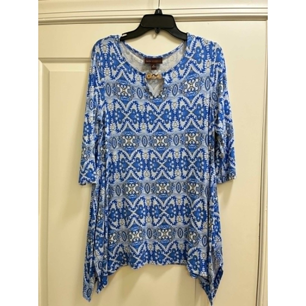 Dana‎ Buchman Womens Medium Blue Paisley Tunic Top Sharkbite Hem Boho Chic